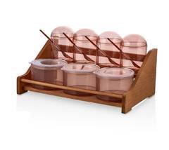Set de 4 pots à épices et 3 boites avec cuillères et support bas Hadès Transparent et Bois clair