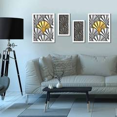 Set di 4 quadri in legno bianco Chen con motivo a ventaglio grigio e oro
