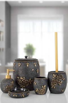 Lote de 5 accesorios de baño Elvinys Poliresina Negra con motivos florales dorados