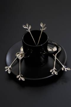 Fuzio Kaffeelöffelset, 6 tlg. 11cm, geformte Enden, Blätter aus Zamak Silber