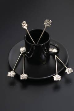 Fuzio Kaffeelöffelset, 6 tlg. 12,5cm mit geformten Enden Blume Zamak Silber