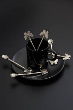 Fuzio Kaffeelöffelset, 6 tlg. 12,5cm mit geformten Enden Schmetterling Zamak Silber