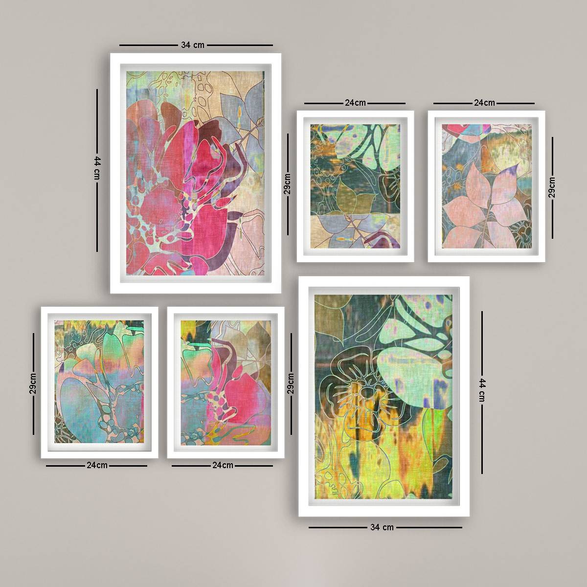 Set van 6 ingelijste schilderijen in wit Bihan abstract bladpatroon