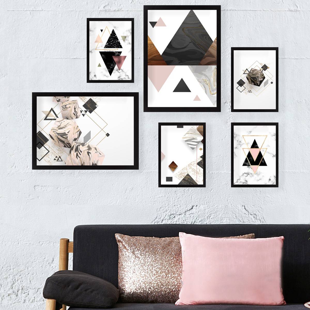 Set van 6 ingelijste schilderijen in zwart Bihan geometrisch patroon