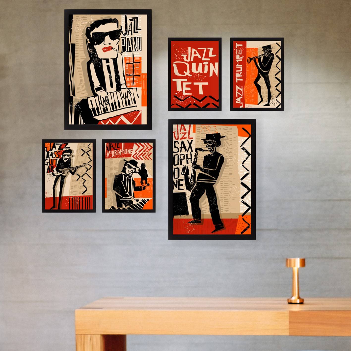 Set van 6 ingelijste schilderijen in zwart Bihan Jazz Quinette patroon zwart, rood en beige