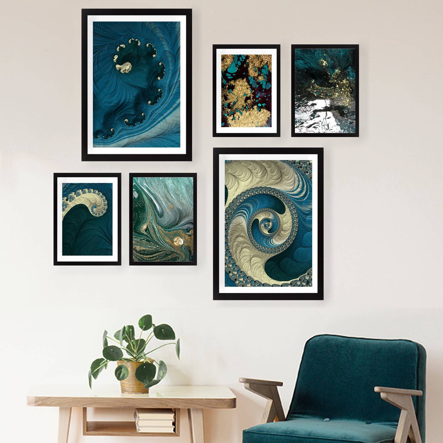 Set van 6 ingelijste schilderijen in zwart Bihan blauw en beige abstract iriserend spiraalpatroon