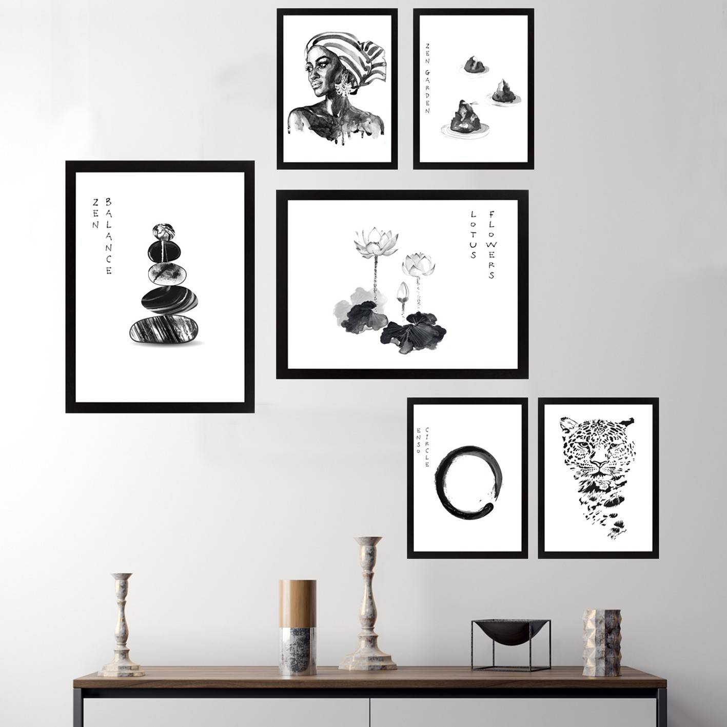 Set van 6 ingelijste schilderijen in zwart Bihan Zen Attitude zwart-wit patroon