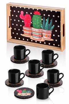 Set van 6 Hira keramische koffiekoppen zwart met schotels en houten dienblad Cactusmotief