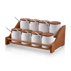 Set aus 8 Gewürzgläsern mit Deckel und niedrigem Ständer aus hellem Holz Tychés Weiß
