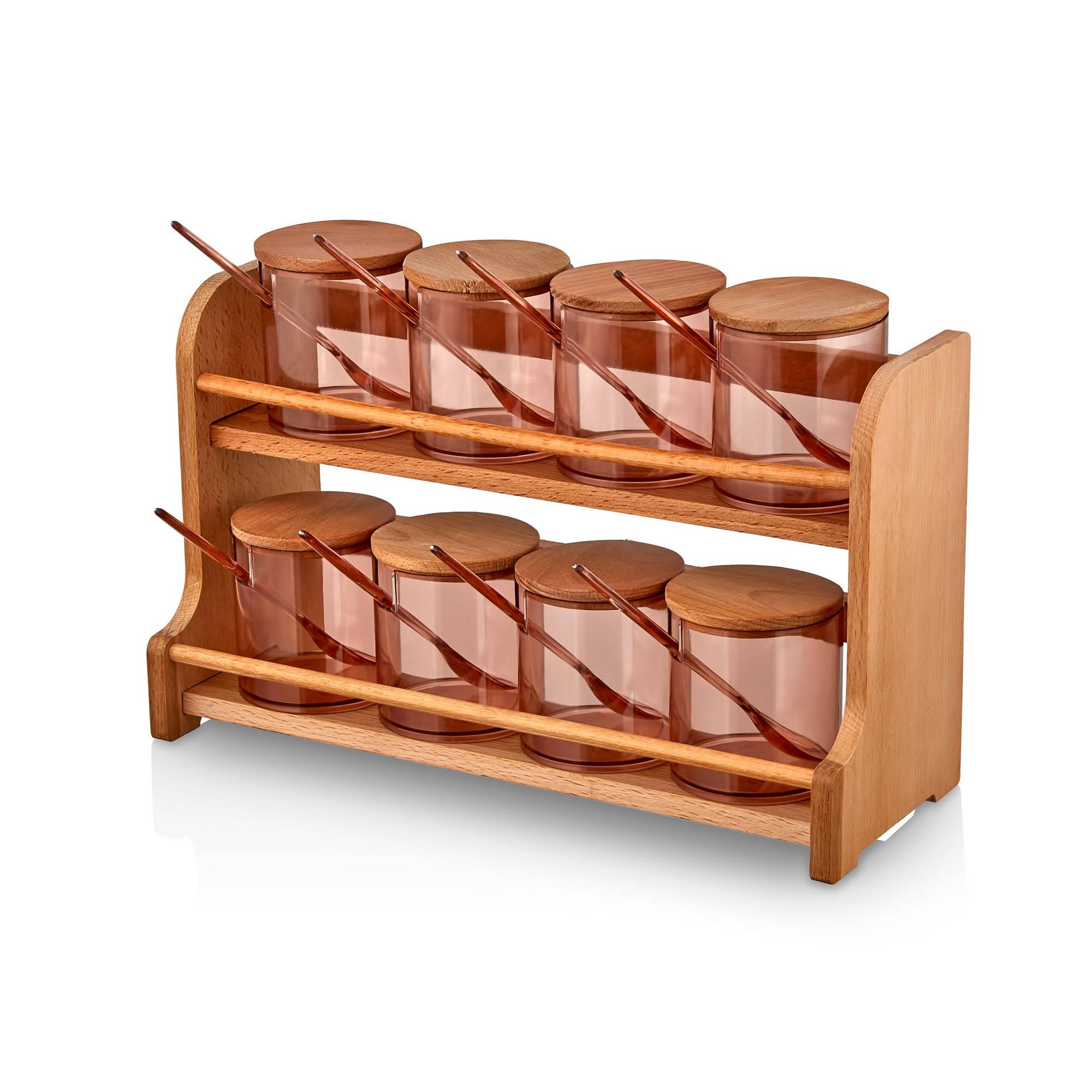 Set de 4 pots à épices avec cuillères et plateau en bois clair