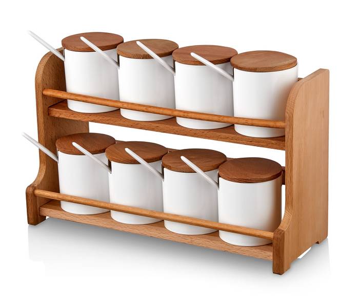 Set de 8 pots à épices avec couvercle et support en bois clair Tychés Blanc