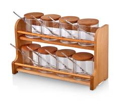 Set de 8 pots à épices avec couvercle et support en bois clair Tychés Transparent