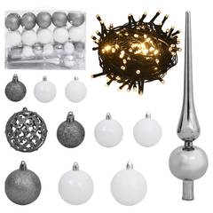 Weihnachtskugelset mit Pick und LED-Lichterkette Amitiel 61 Teile Silber