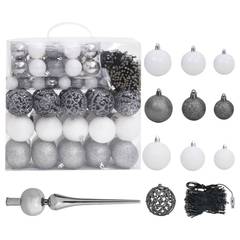 Set de boules de Noel + pic + guirlande LED Furie 120 pièces Blanc et Gris