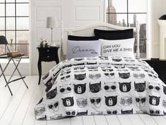 Bettdecken-Set 240x220cm und 2 Kissenbezüge 60x60cm Herb Baumwolle Motiv Katzenköpfe Schwarz und Weiß