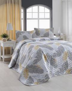 Bettdecken-Set 240x220cm und 2 Kissenbezüge 60x60cm Jina Stoff Blättermuster Grau, Weiß und Gelb