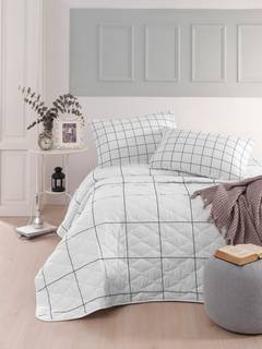 Set de couvre lit 240x220cm et 2 taies d'oreiller 60x60cm Hayder 100% Coton Motif Grande carreaux Blanc et Noir