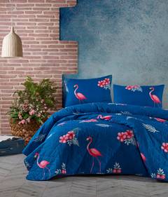 Set de couvre lit 240x220cm et 2 taies d'oreiller 60x60cm Latoya 100% Coton Motif Flamant Rose et Bleu