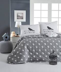 Set aus Bettdecke 240x220cm und 2 Kissenbezügen 60x60cm Daphine 100% baumwollstoff Vogelmotiv Grau und Weiß