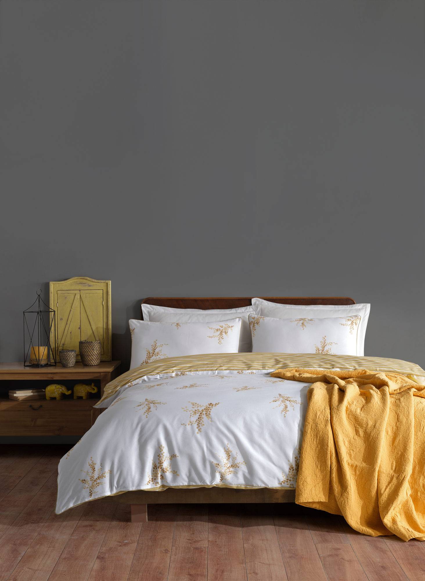 Set aus Bettdeckenbezug 140x200cm und Kissenbezug 60x60cm Meya 100% baumwollstoff Blätter- und Streifenmuster Gelb und Weiß