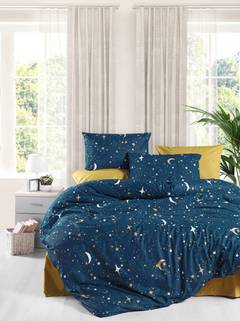 Set aus Bettbezug 140x200cm und Kopfkissenbezug 60x60cm Ilar 100% baumwollstoff Sternchenmuster Gelb und Nachtblau