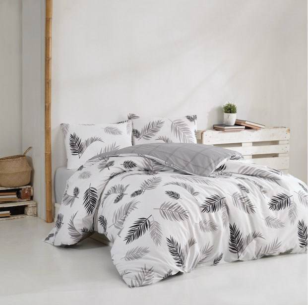Set aus Bettbezug 140x200cm und Kissenbezug 60x60cm Riera 100% Baumwolle mit Palmblattmotiv Grau und Weiß