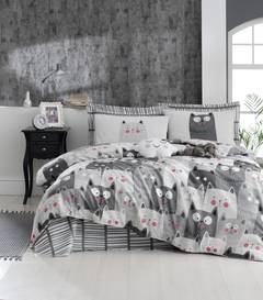 Set aus Bettbezug 220x240cm und 2 Kissenbezügen 60x60cm Nakoma Stoff Katzenmotiv Grau, Weiß und Schwarz