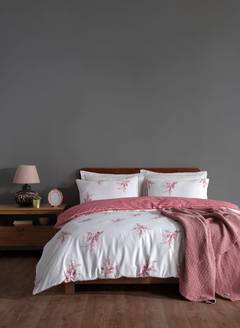 Set aus Bettdeckenbezug 240x220cm und 2 Kissenbezügen 60x60cm Meya 100% baumwollstoff Blätter- und Streifenmuster Rosa und Weiß