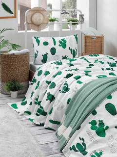 Set letto lucido 160x235cm con lenzuolo piatto 160x240cm e federa 50x70cm con motivo a cactus bianco e verde