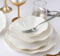 Tischset 24-teilig Lotusform Dianle Porzellan Weiß mit Goldrand