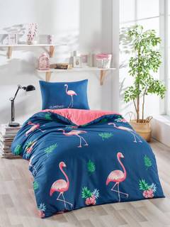 Set Bettdeckenbezug 140x200cm und 1 Ohrenkissen Noctis Stoff Motiv Große Flamingos Mehrfarbig