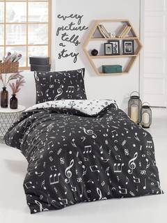 Set Bettdeckenbezug 140x200cm und 1 Ohrenkissen Noctis Stoff Motiv Musik Schwarz und Weiß