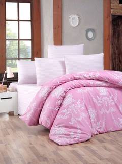 Set Bettdeckenbezug 140x200cm und 1 Kissenbezug 60x60cm Aina 100% baumwollstoff Blumenmuster Weiß und Rosa