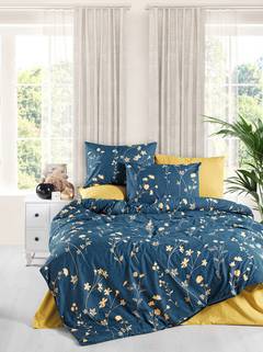 Funda nórdica 140x200cm y funda de almohada 60x60cm Oramix 100% algodón Estampado de flores Amarillo y Azul Oscuro