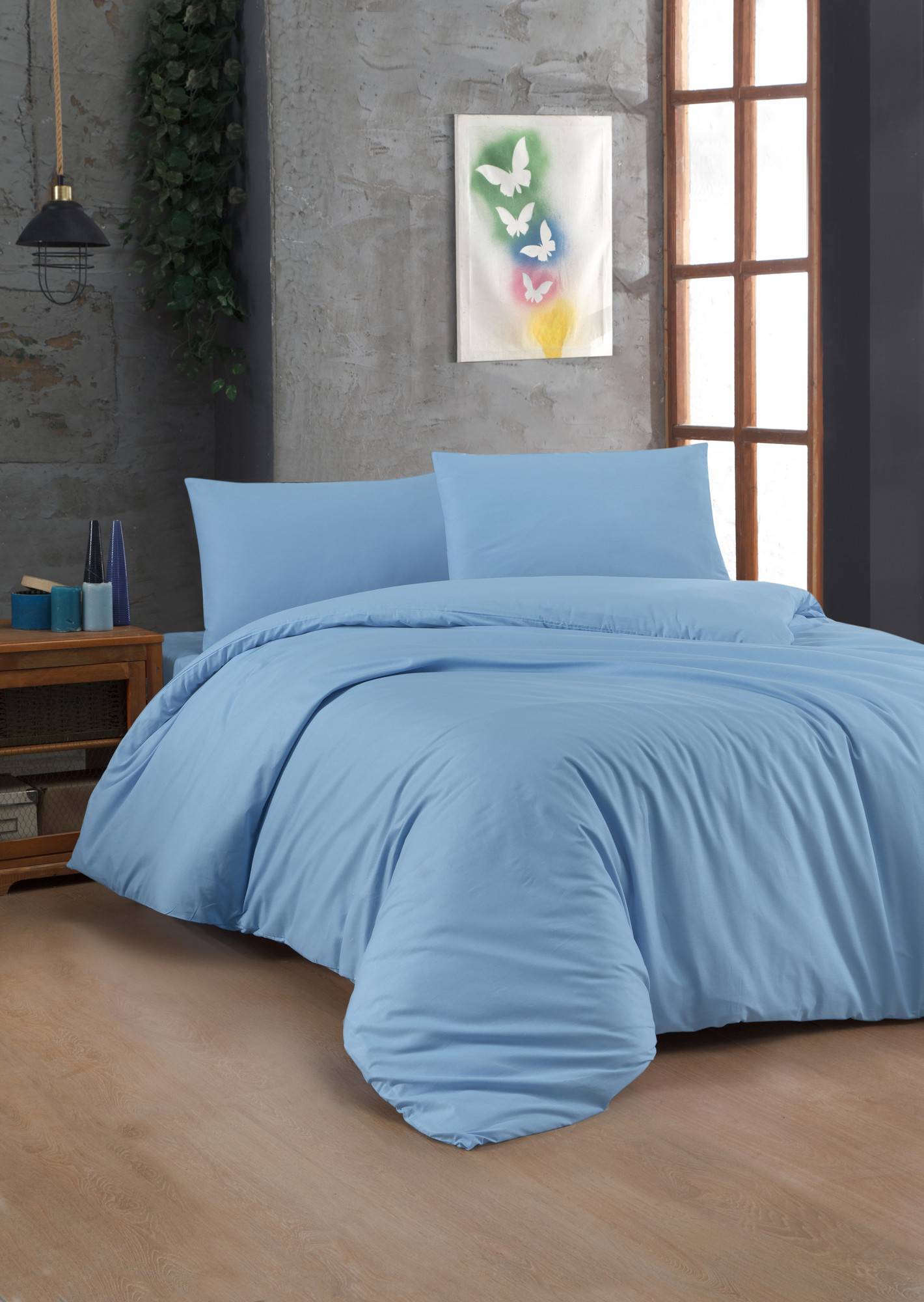 Set Bettdeckenbezug 140x200cm und Kopfkissenbezug 60x60cm Lovina uni 100% baumwollstoff Hellblau
