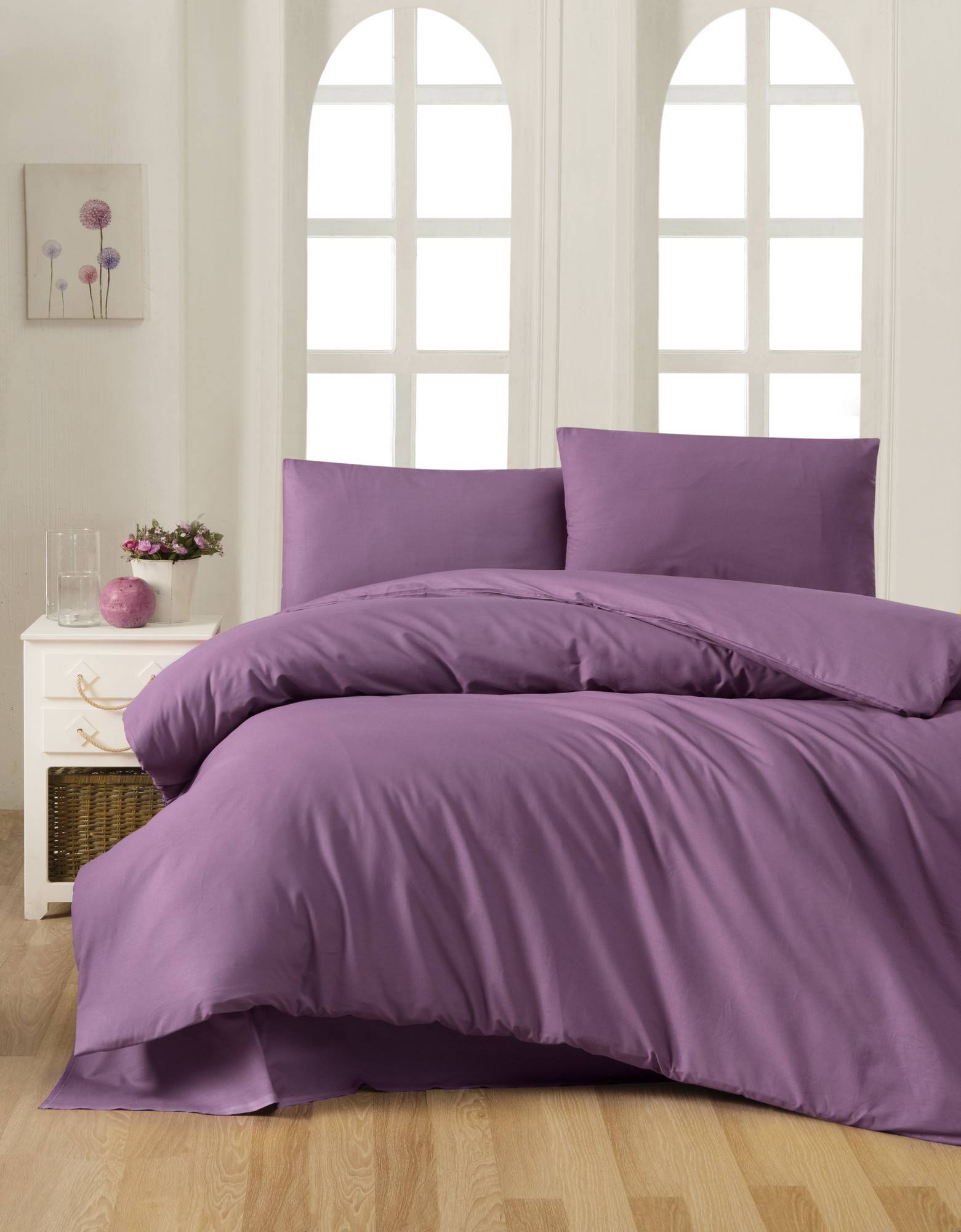 Set Bettdeckenbezug 140x200cm und Kopfkissenbezug 60x60cm Lovina uni 100% baumwollstoff Violett