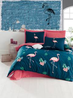 Set Doppelbettbezug bedruckt mit großem Flamingo Noctis Polycotton Dunkelblau Rosa Grün
