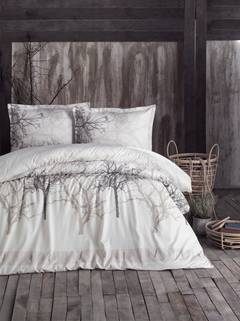 Set Bettbezug 240x200cm und 2 Kissenbezüge 60x60cm Holz 100% baumwollstoff Herbstbaum-Motiv Grau, Beige und Weiß