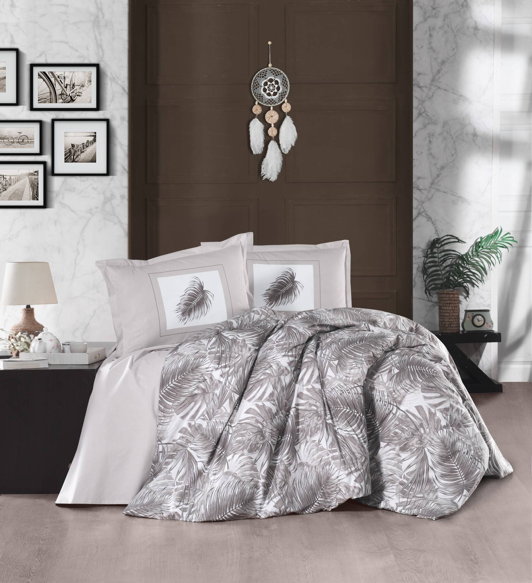 Set Bettbezug 240x200cm und 2 Kissenbezüge 60x60cm Pruma 100% baumwollstoff Blättermotiv Grau und Weiß
