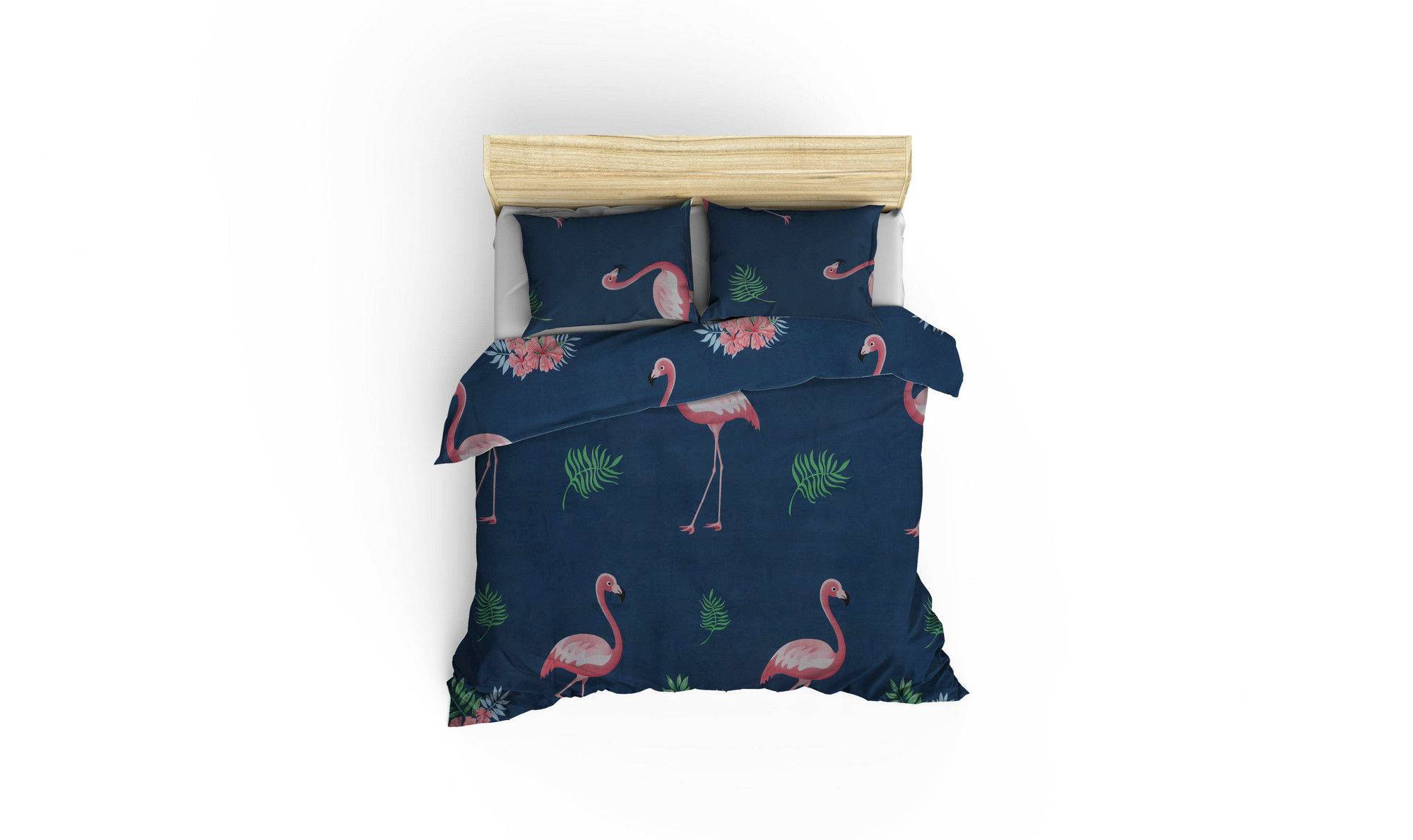 Set Bettdeckenbezug 240x220cm und 2 Kissenbezüge 60x60cm Ida Stoff Motiv Große Flamingos Rosa und Dunkelblau