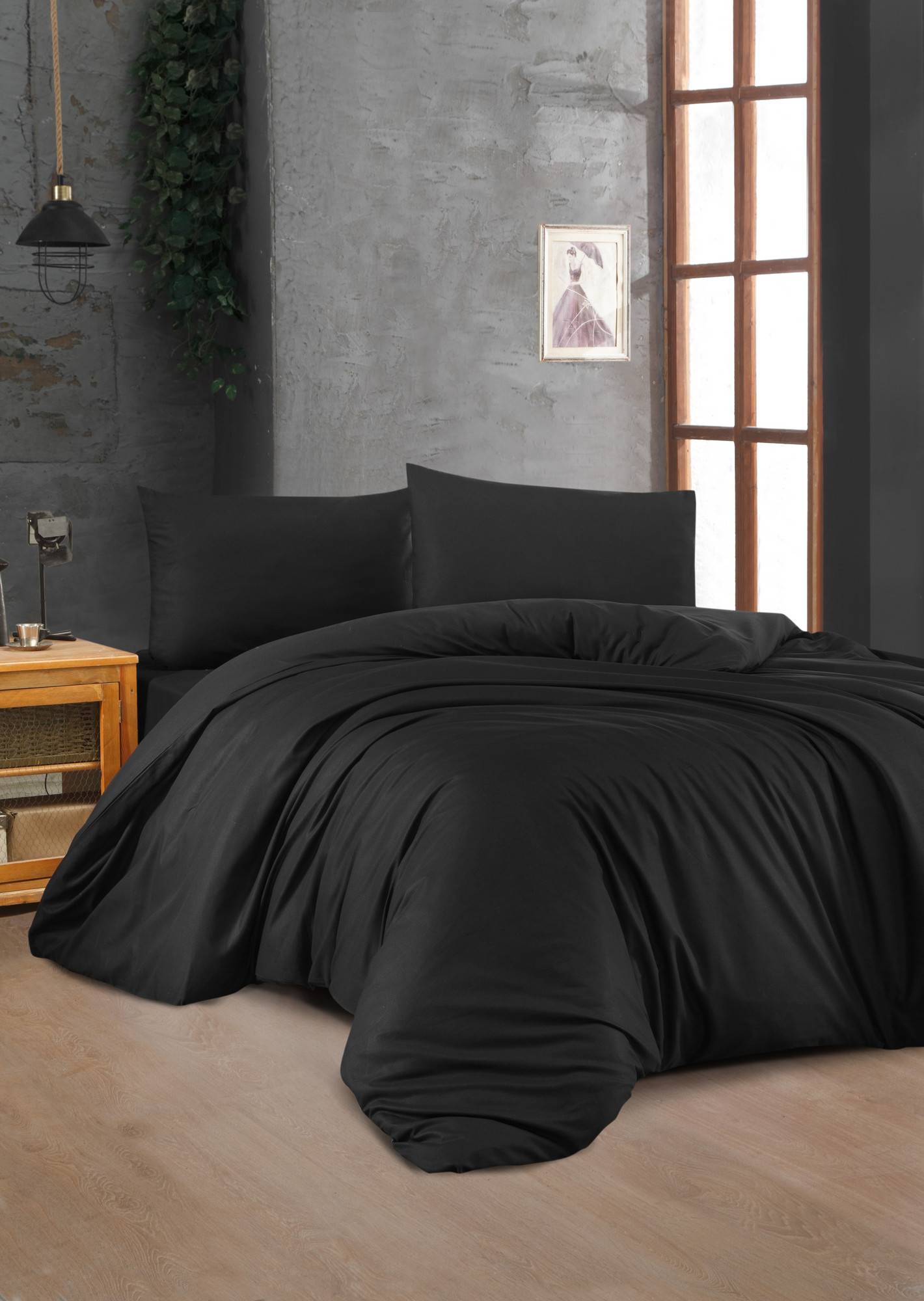 Set Bettdeckenbezug 260x220cm und 2 Kissenbezüge 60x60cm Lovina uni 100% baumwollstoff Schwarz