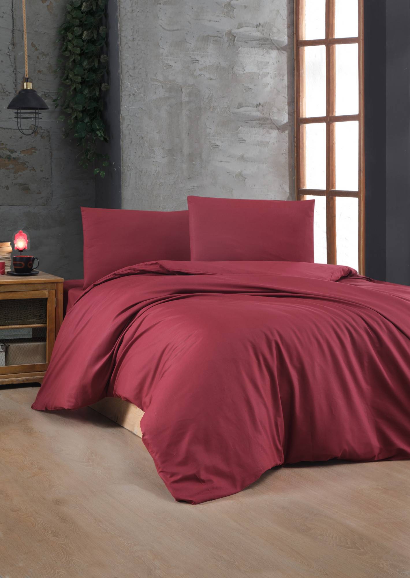 Set Bettdeckenbezug 260x220cm und 2 Kissenbezüge 60x60cm Lovina uni 100% baumwollstoff Bordeaux