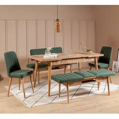 Juego de mesa y sillas extensibles de 5 piezas Malva Verde Alerce y panel de melamina Ocre