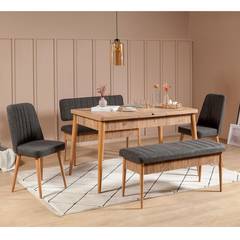 Set table extensible, 2 chaises, banc et banquette Malva Bois clair et Tissu Anthracite