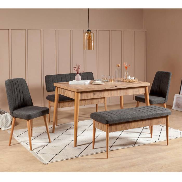 Set table extensible, 2 chaises, banc et banquette Malva Bois