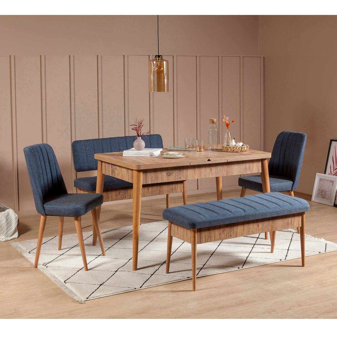 Conjunto de mesa extensible, 2 sillas, banco y banqueta Malva Madera clara y tela azul oscuro