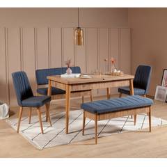 Set table extensible, 2 chaises, banc et banquette Malva Bois clair et Tissu Bleu foncé