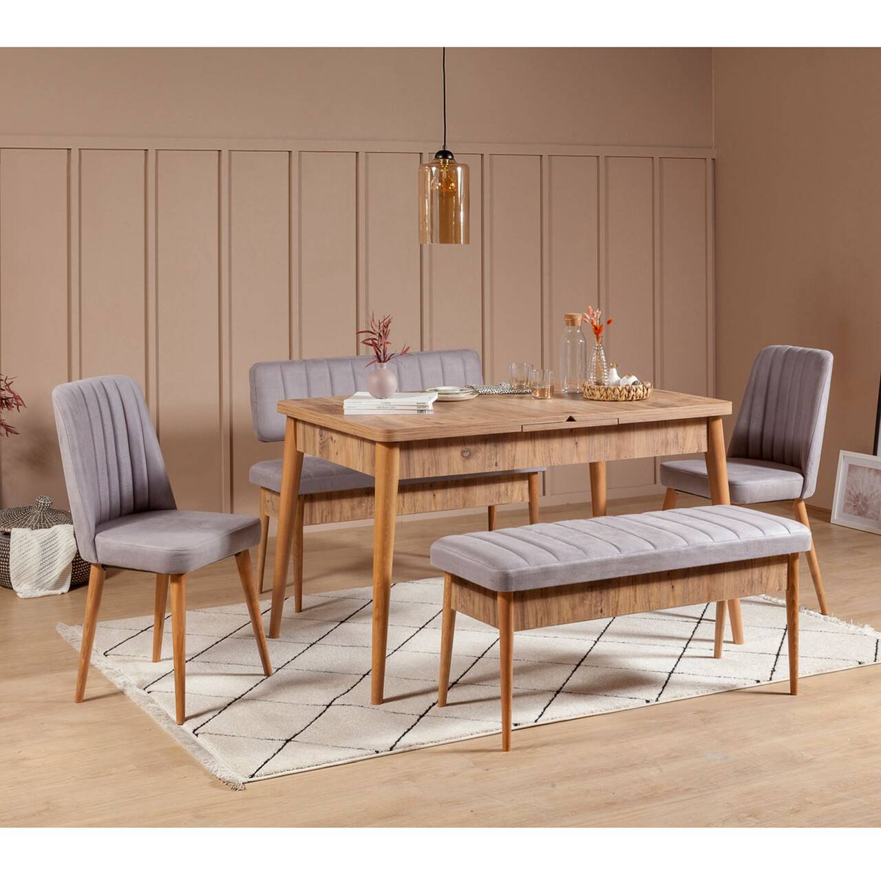 Ensemble table à manger rectangulaire et 4 chaises scandinave bois