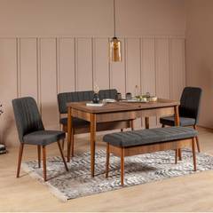 Set table extensible, 2 chaises, banc et banquette Malva Bois foncé et Tissu Anthracite