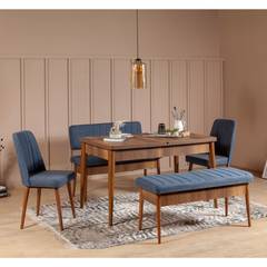 Set table extensible, 2 chaises, banc et banquette Malva Bois foncé et Tissu Bleu foncé